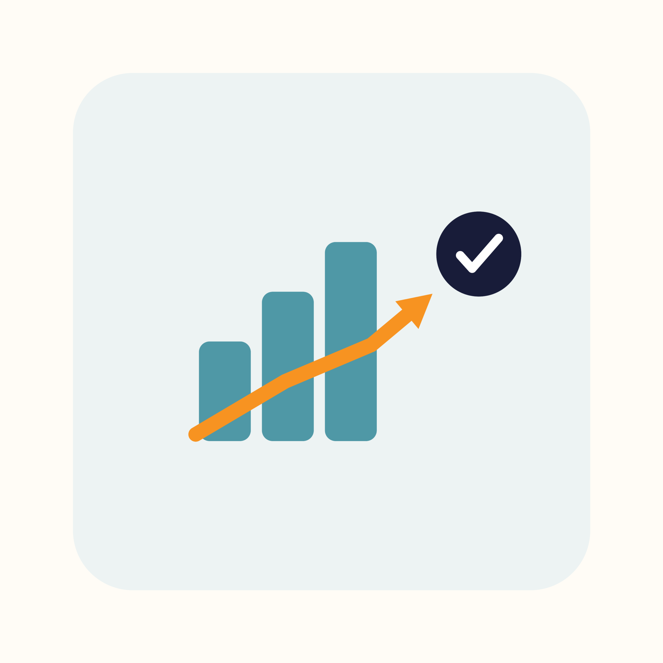 Rising chart with a checkmark — onboard faster and resolve inquiries quicker