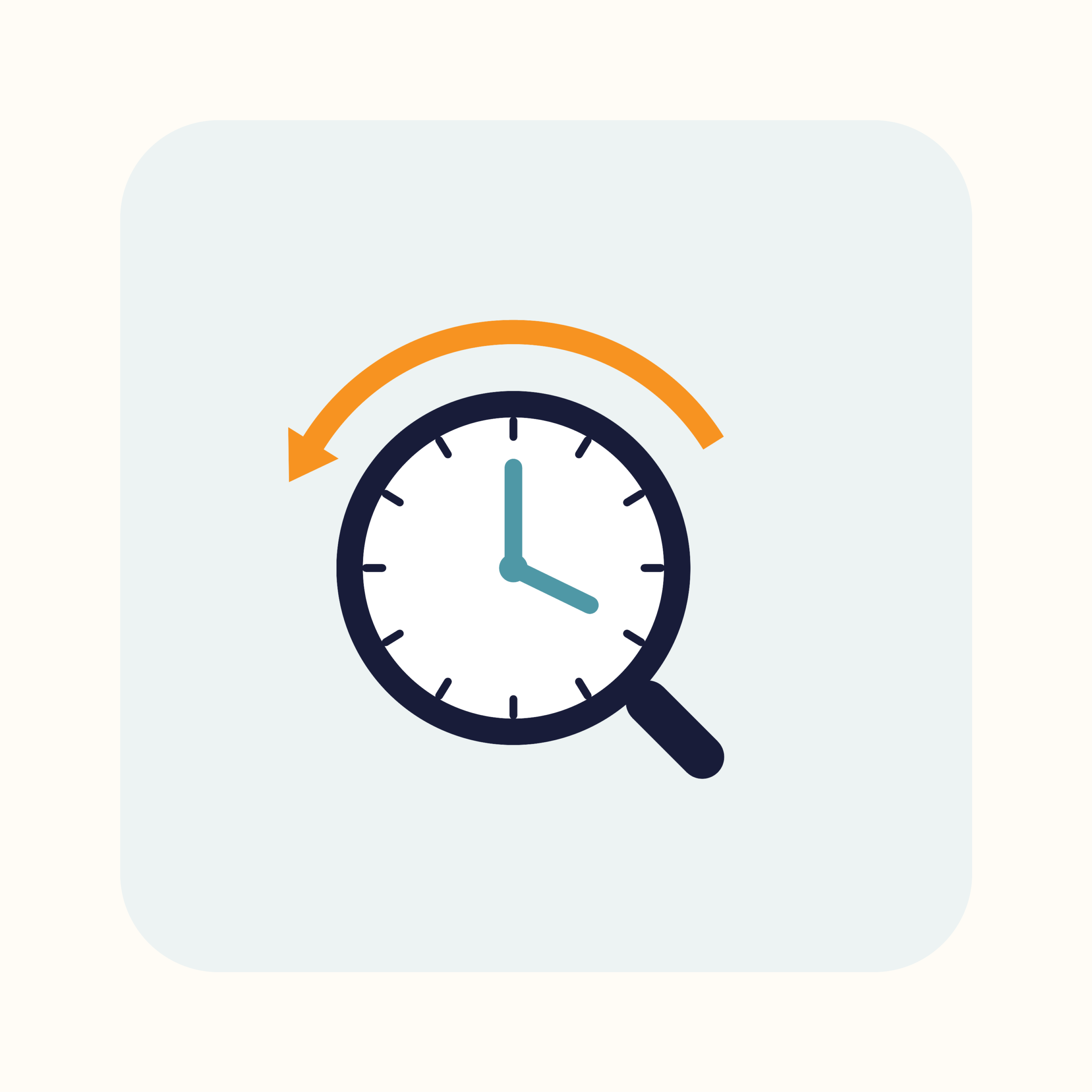 Clock inside a magnifying glass with a reclaim arrow — reclaim the hours lost to searching